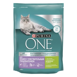 Purina One сухой корм для кошек с чувст.пищеварением индейка рис